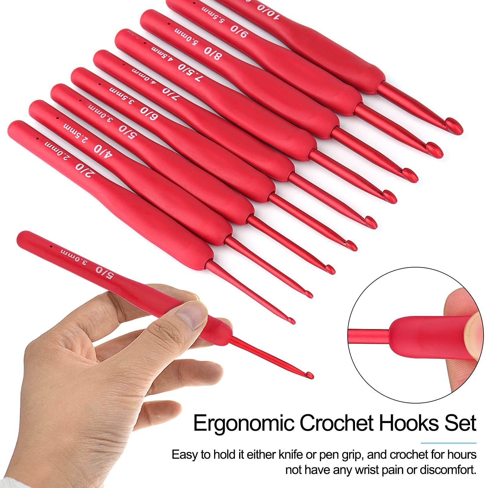 Coopay Red Crochet Hooks 2.0,2.5,3.0,3.5,4.0,4.5,5.0,5.5,6.0 millimeters,