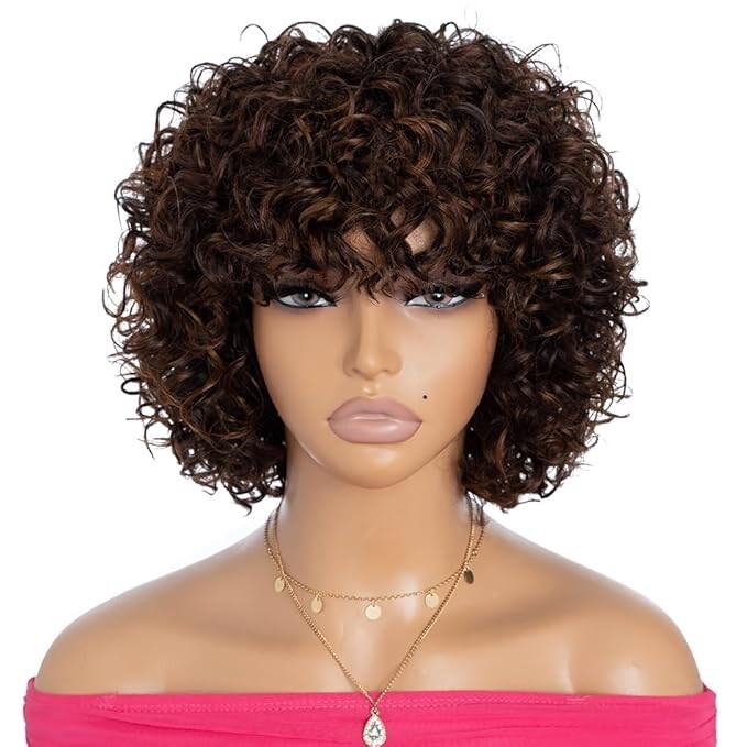 8″ Curly Wig with Bangs, 10A Brazilian Virgin Hair, Mixed Brown