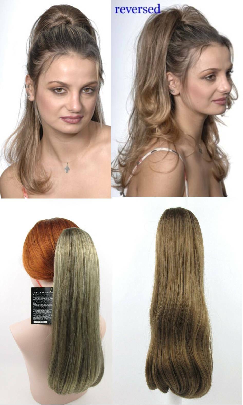 16″ LONG STRAIGHT HAIR PONYTAIL HAIRPIECE CLAW CLIP CURLED END REVERSIBLE FLIP
