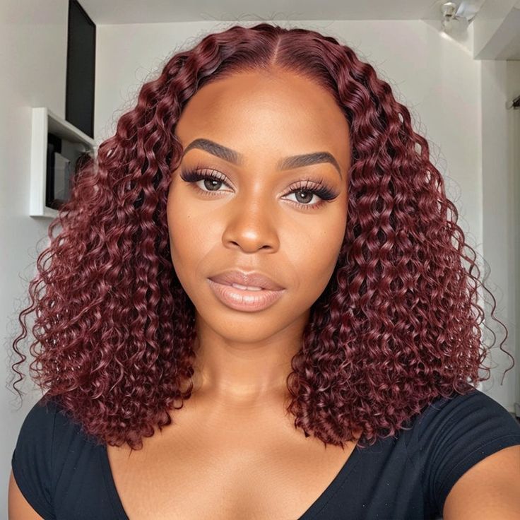 14′ Burgundy Short Curly 13×4 Lace Front Synthetic Wigs Heat Resistan Women Wear