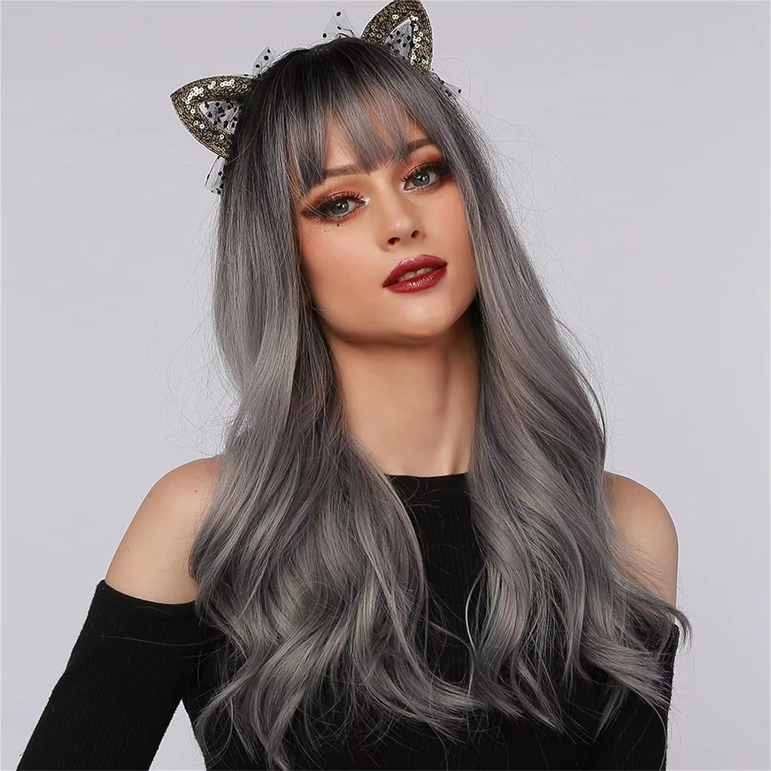 Long Wavy Silver Ash Ombre Cosplay Synthetic Wigs Natural Curly Gray Black Hair