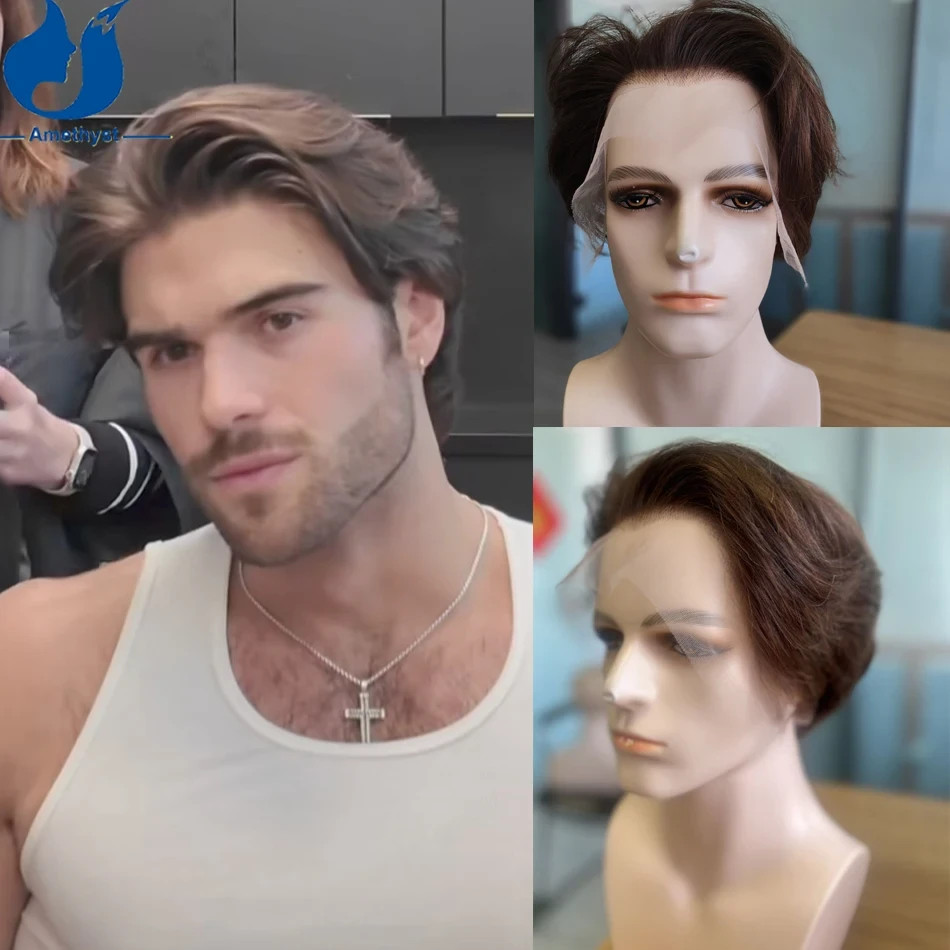 #4 Brown Layered Men’s Wig Human Hair 13×6 Lace Front Wig Side Part Pre Plucked