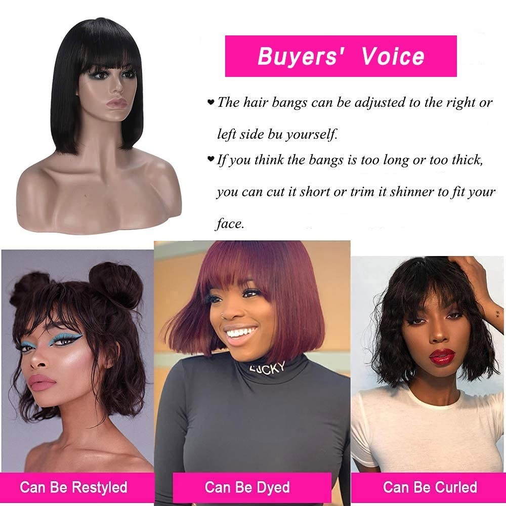 Short Bob Human Hair Wigs with Bangs No Lace Front Wigs Brazilian Straight Hair