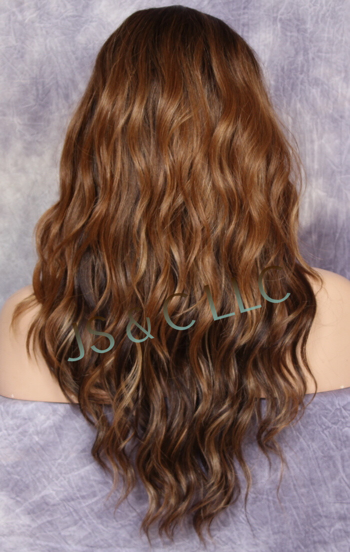 Long Wavy Brown auburn mixed Human Hair Blend Full Wig Heat OK Bangs FBW 7002