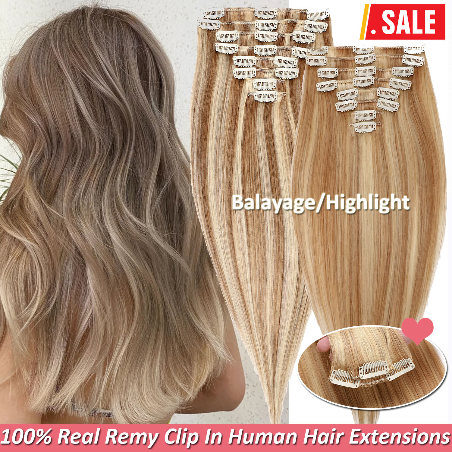 Balayage 100% Human Hair Extensions Clip In Remy Hair 8Piece Full Head Highlight