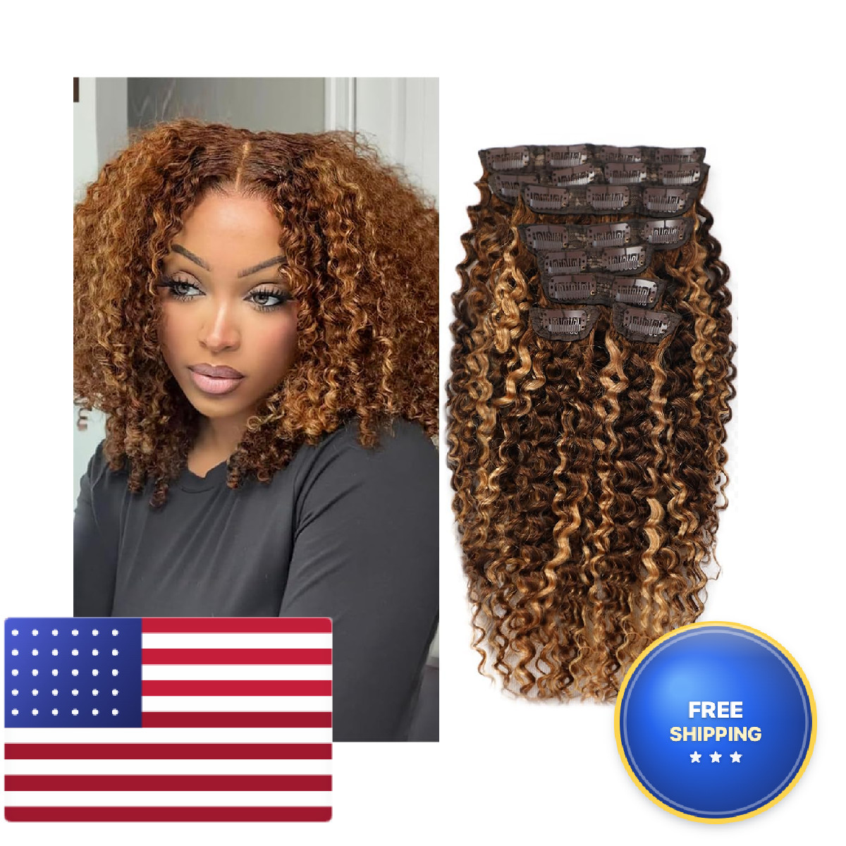 Aqifai Highlight Ombre Honey Blonde 4/27 Kinky Curly Clip Ins 12 Inch 110G 8Pcs