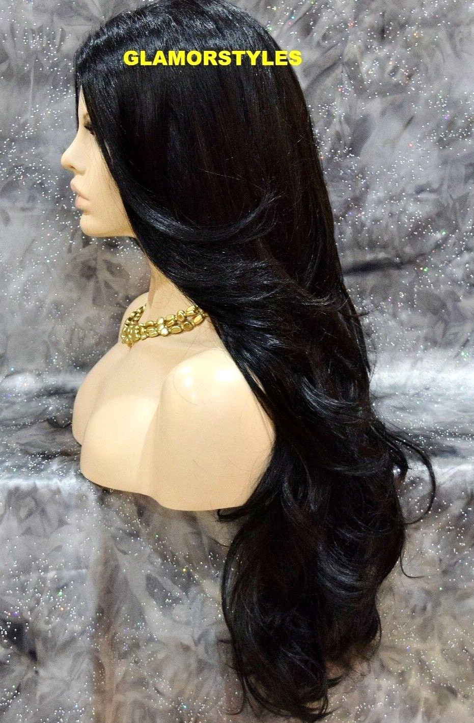 LACE FRONT FULL WIG LONG WAVY LAYERED SIDE PART OFF BLACK #1B HEAT OK NWT