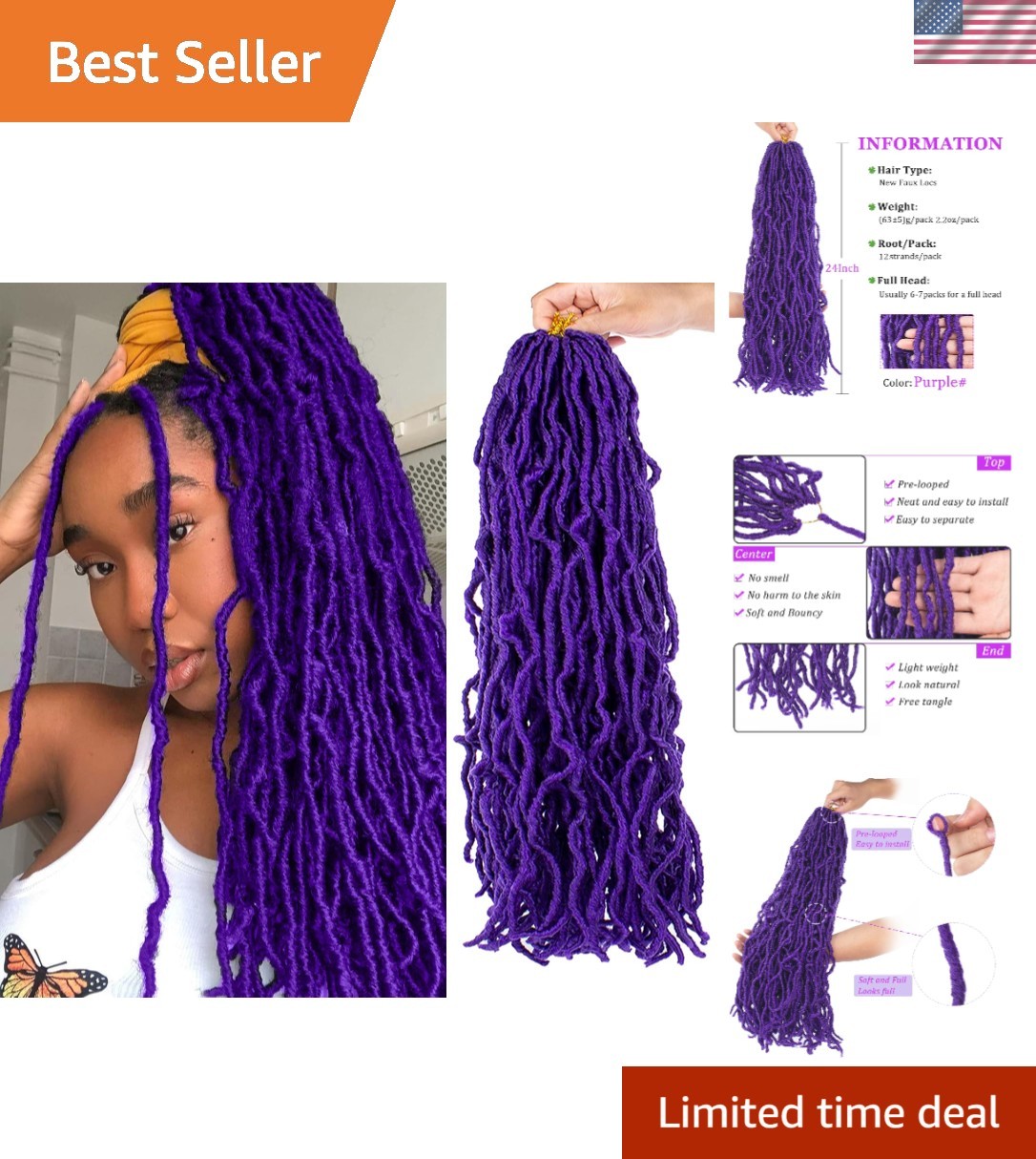 24 Inch Purple Faux Locs Crochet Braids – 2 Packs of Soft Curly Hair Extensions