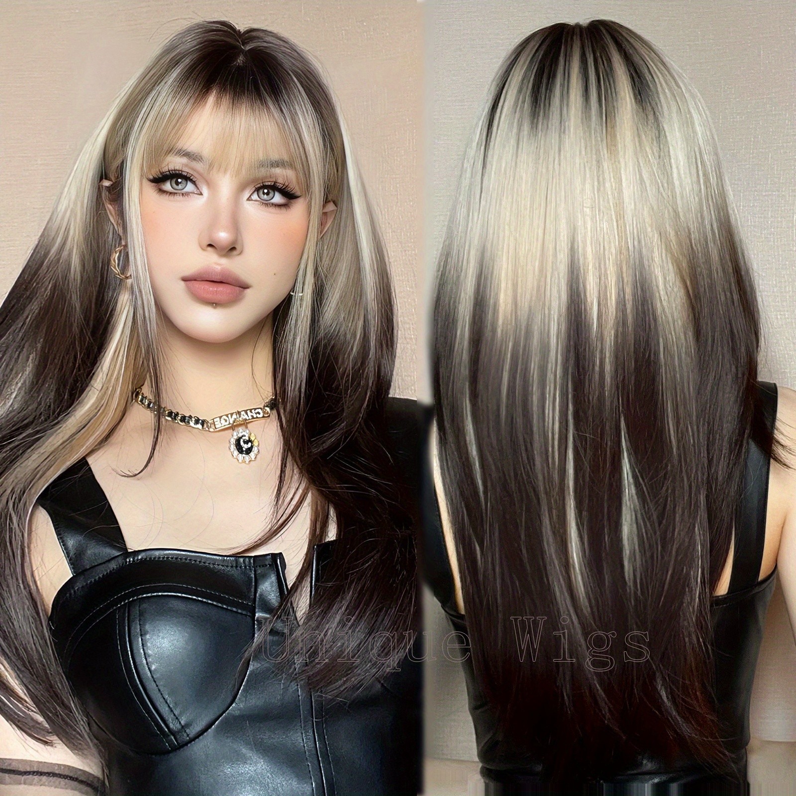 22 Inch Ombre Long Straight Wig Women’s Synthetic Hair Matte Finish Rose Net Cap