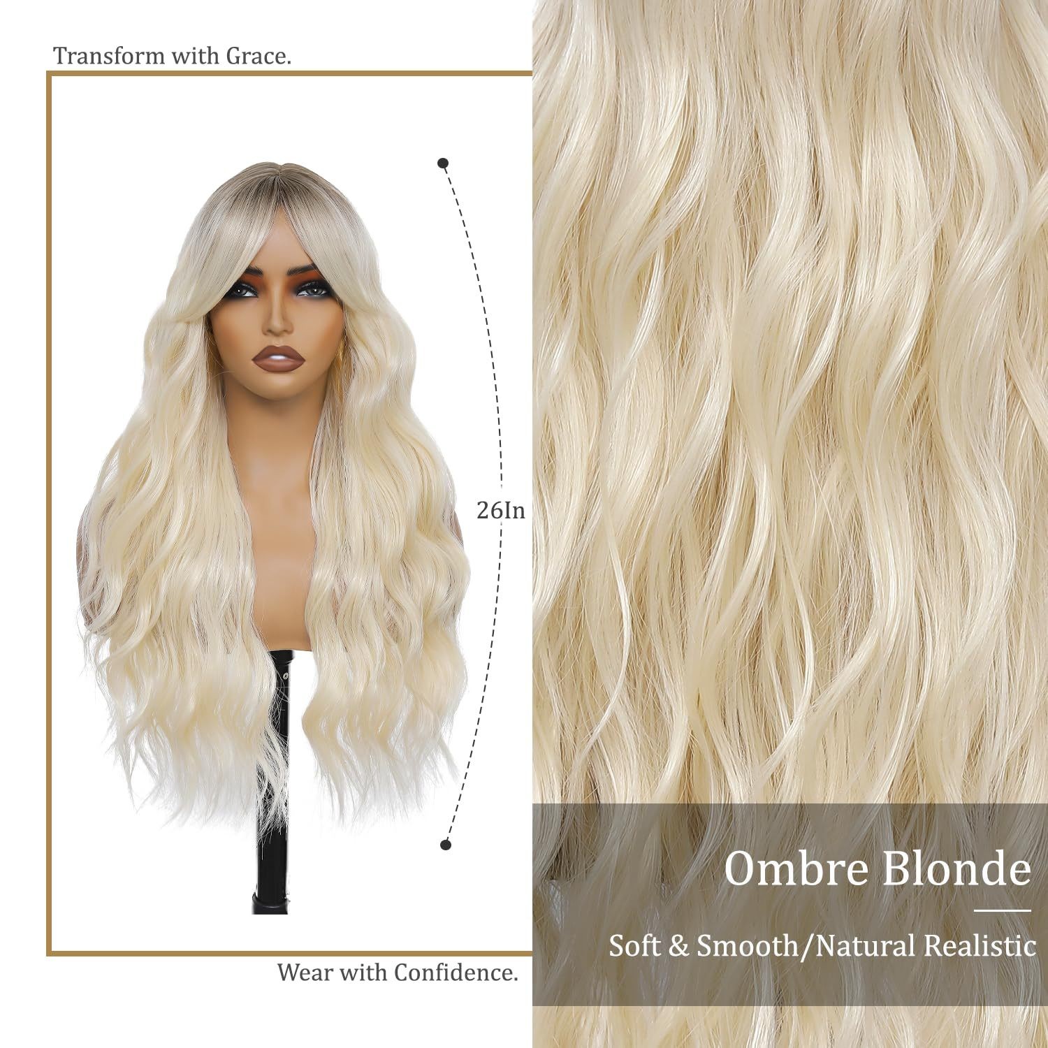 Ombre Blonde Long Wavy Wig for Women European American Heat Resistant Synthetic