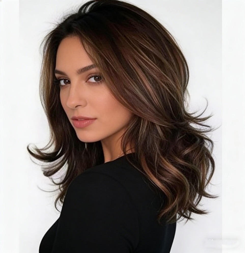 Women Dark Brown w/Gold Highlight Ombre Shoulder Length Curly Hair Wig-&-*/