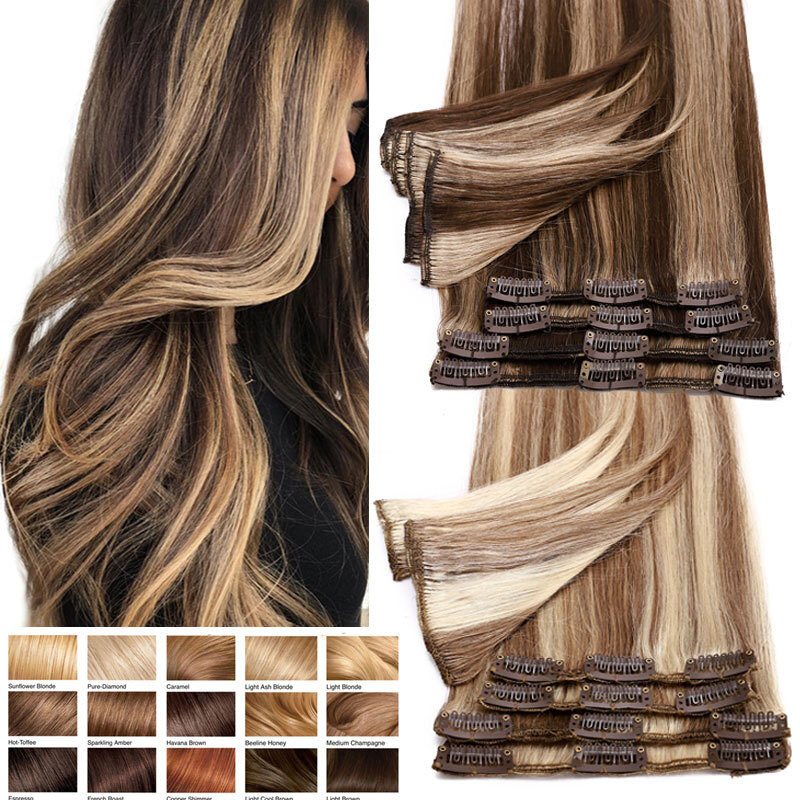 CLEARANCE Fine Real Human Hair Extensions Clip In Remy Hair 8PCS Full Head Thick