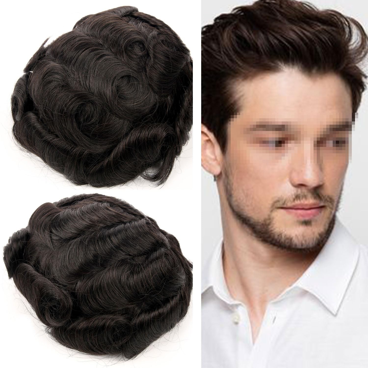0.04mm Ultra Thin Skin Toupee For Men V-looped – Off Black – Light/Med Density