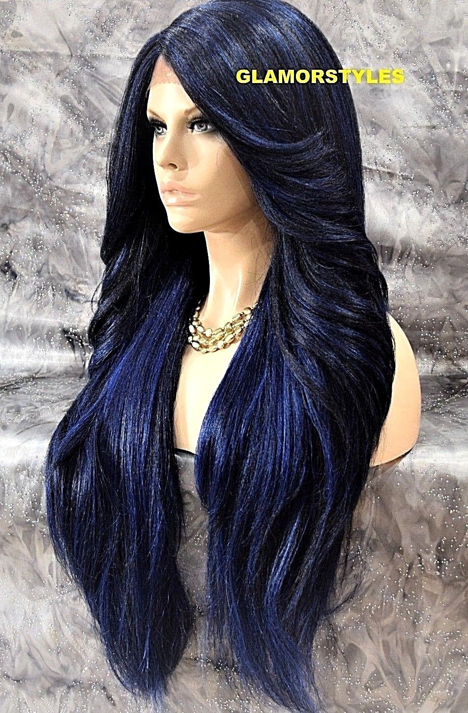 39″ LACE FRONT FULL WIG LONG STRAIGHT LAYERED W SIDE PART BLUE BLACK MIX HEAT OK