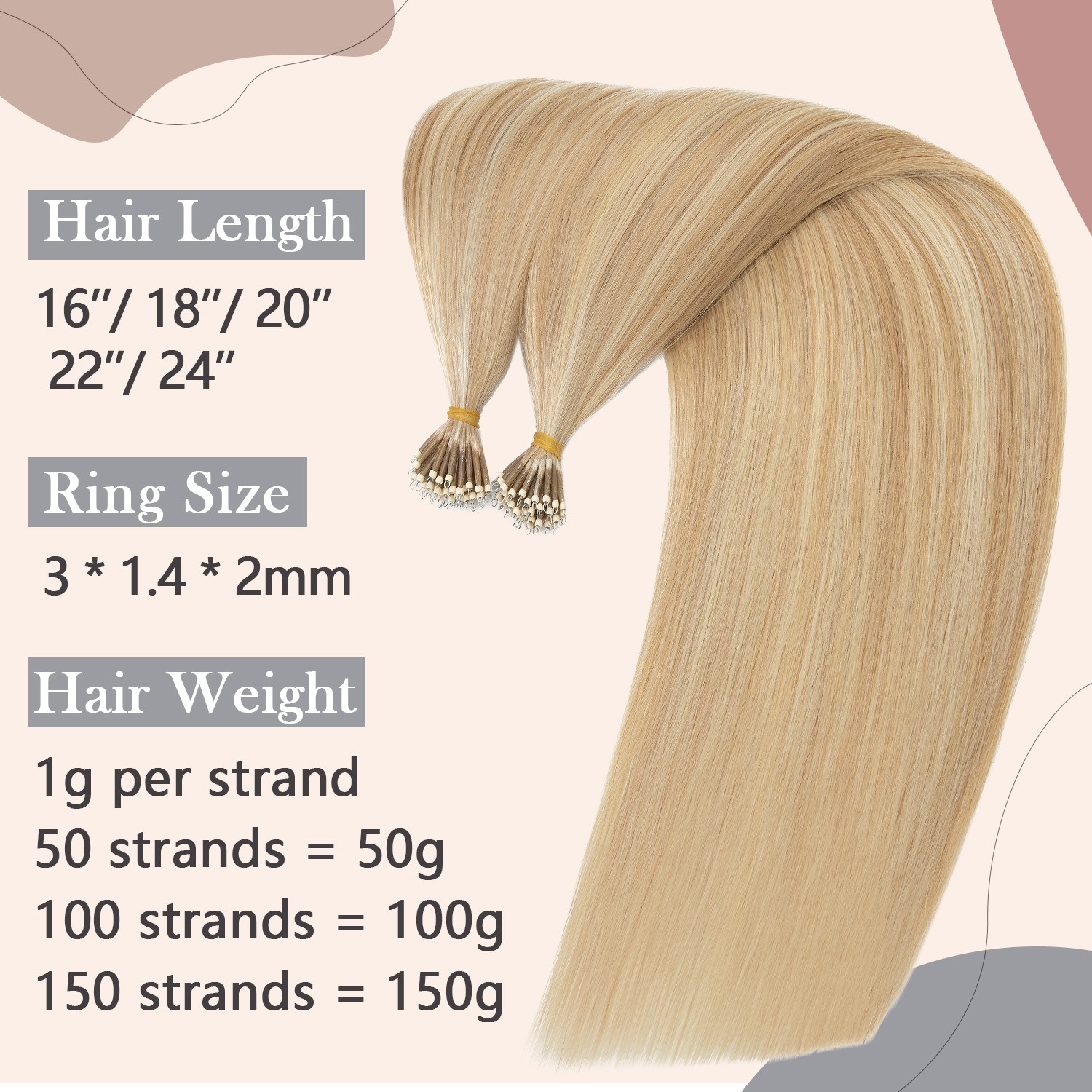 50G-100G Nano Ring Loop Real Human Remy Hair Extensions Micro Bead Tip Full Head