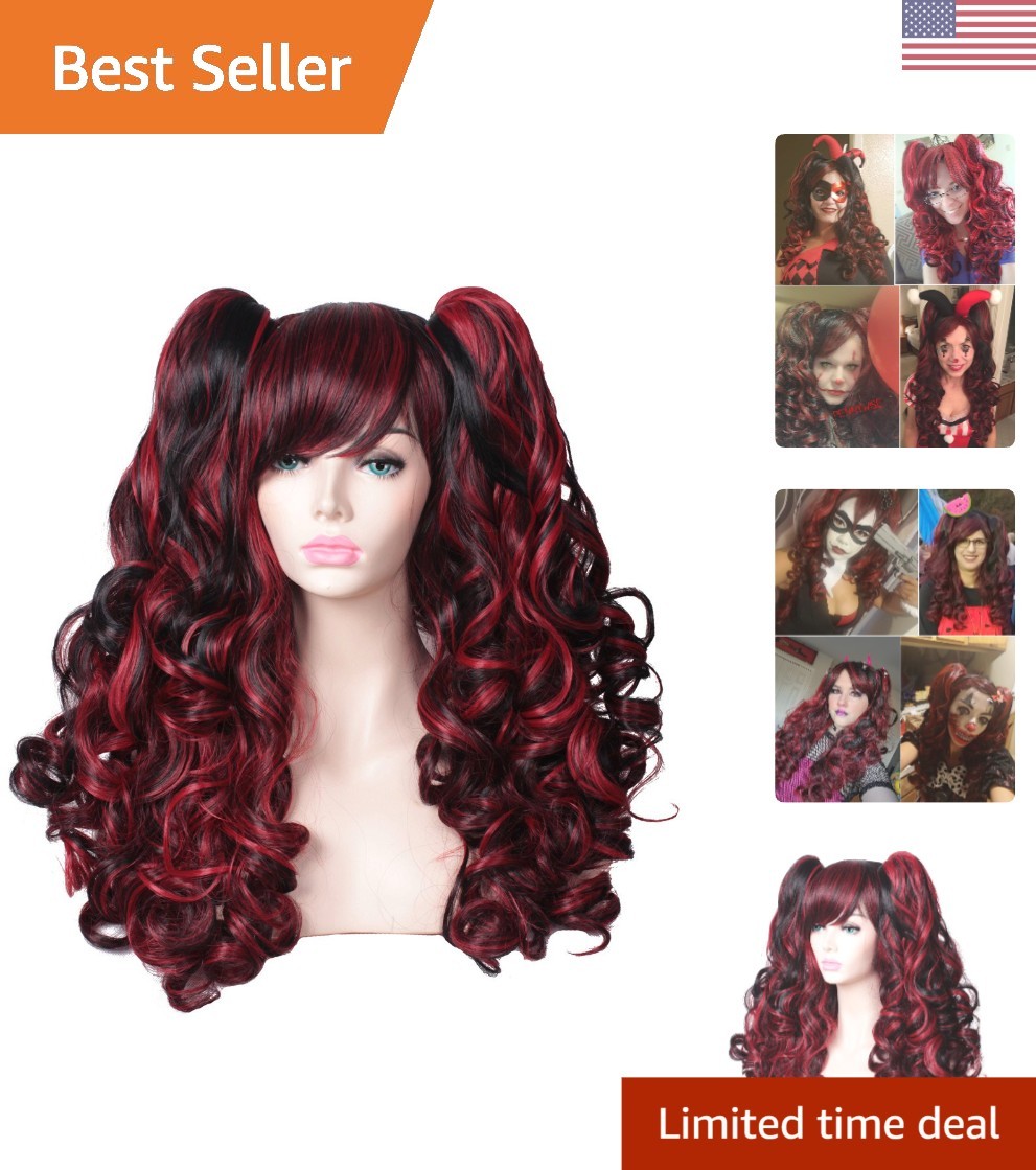 Long Curly Multi-Color Cosplay Wig with 2 Ponytails Black with Red