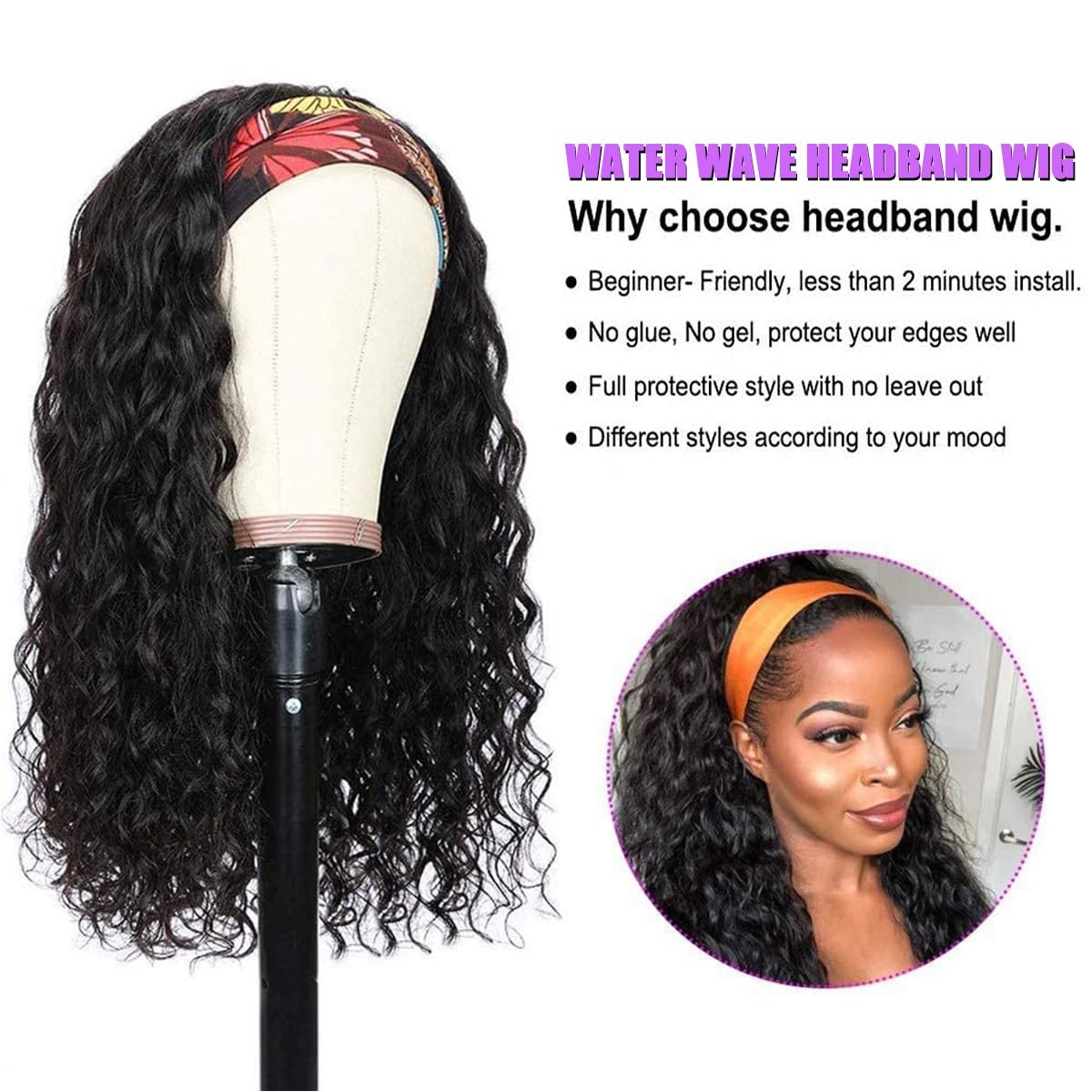 Headband Wig Human Hair Water 20 Inch, Nature Black（headband wig human hair）