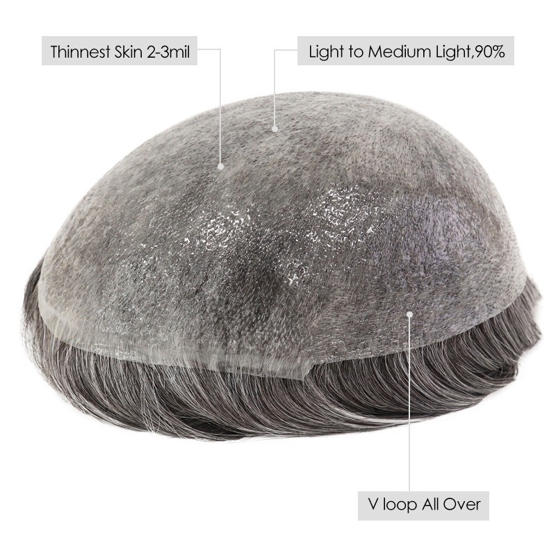 Mens Toupee Human Hair System 0.03 Ultra Thin Skin System Hair Pieces #1B50
