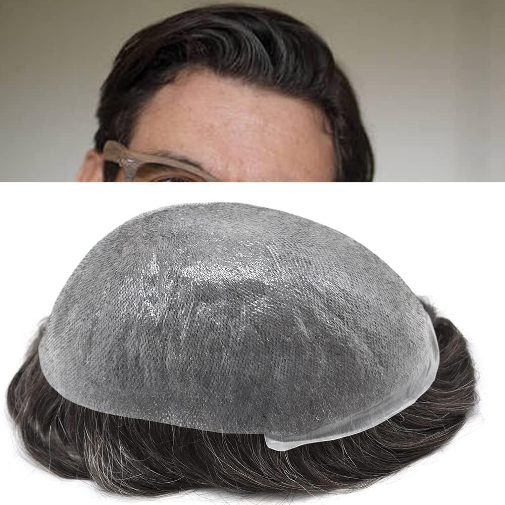 Mens Toupee Thin Skin V-Loop Hairpiece 0.03mm Poly PU Gray Hair Replacement