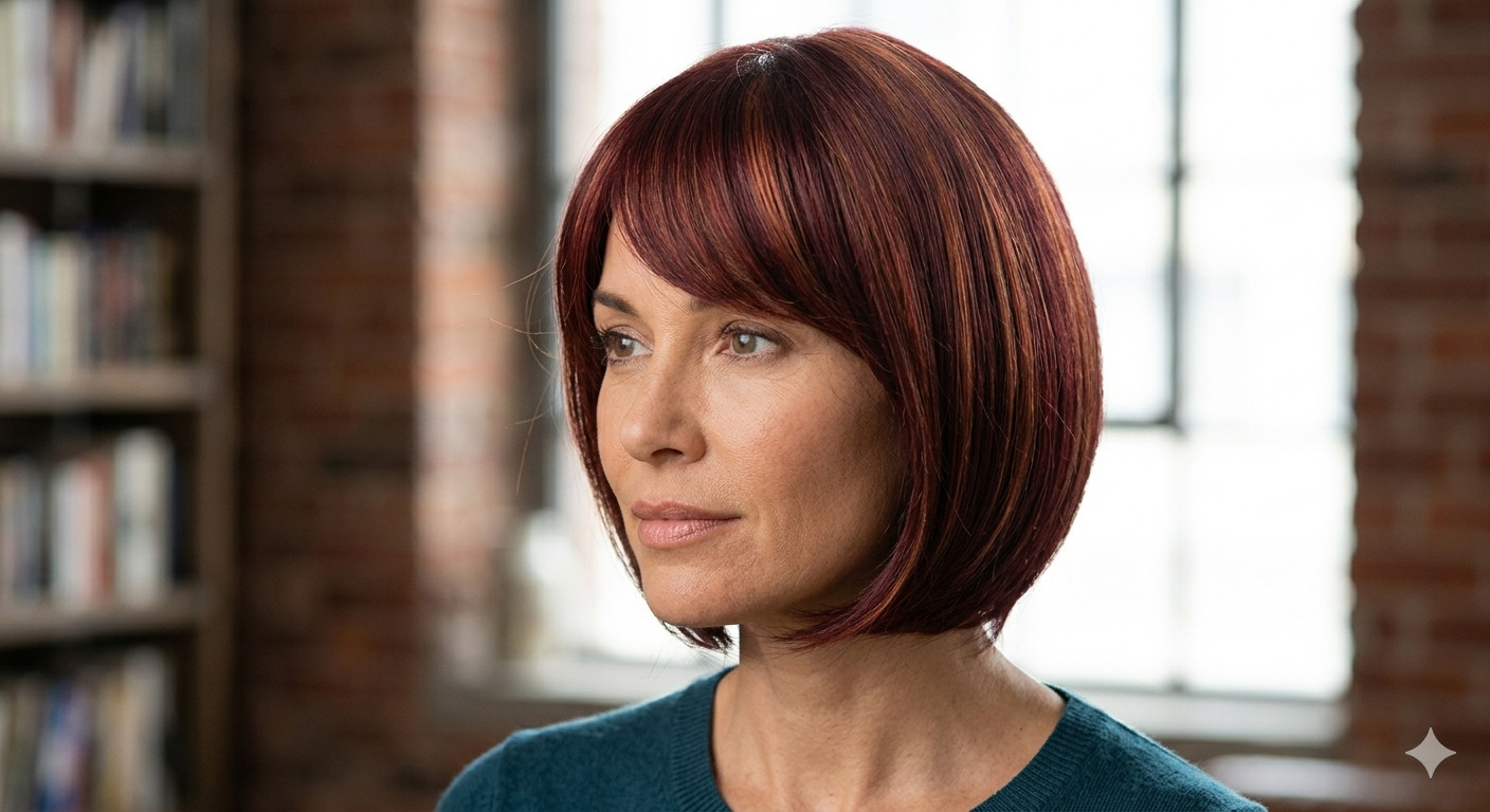 RENERSHOW Short Burgundy Highlight Bob Wig bangs red pixie women synthetic daily
