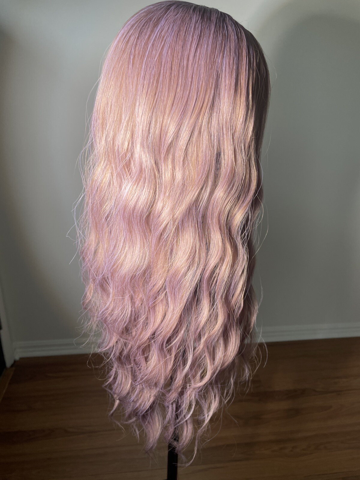 wig, Cosplay 26” Lilac Pink Rose Gold, Synthetic, Bangs, Straight Wavy