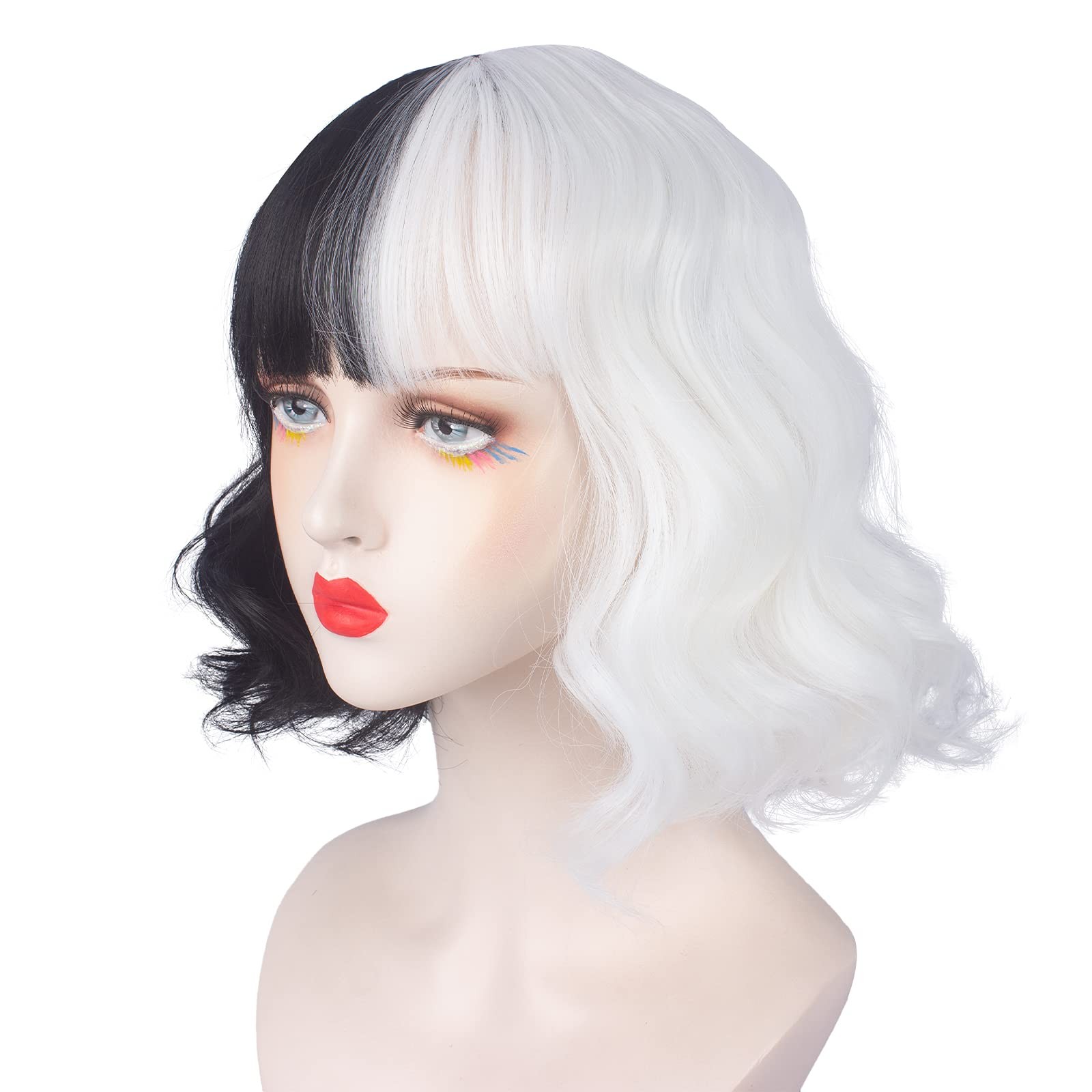 Black and White Wig for Women Short Curly Wavy Wig with Bangs Heat Resistant …