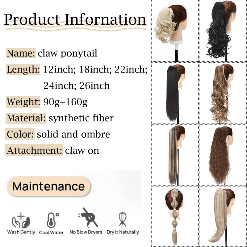 Claw On Clip In Ponytail Hair Extensions Straight Pony Tail Long Black Hairpiece