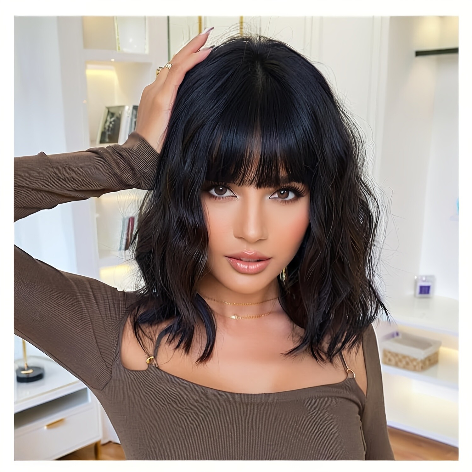 Elegant Unisex-Adult Black Wavy Bob Wig with Bangs Heat Resistant SyntheticFiber