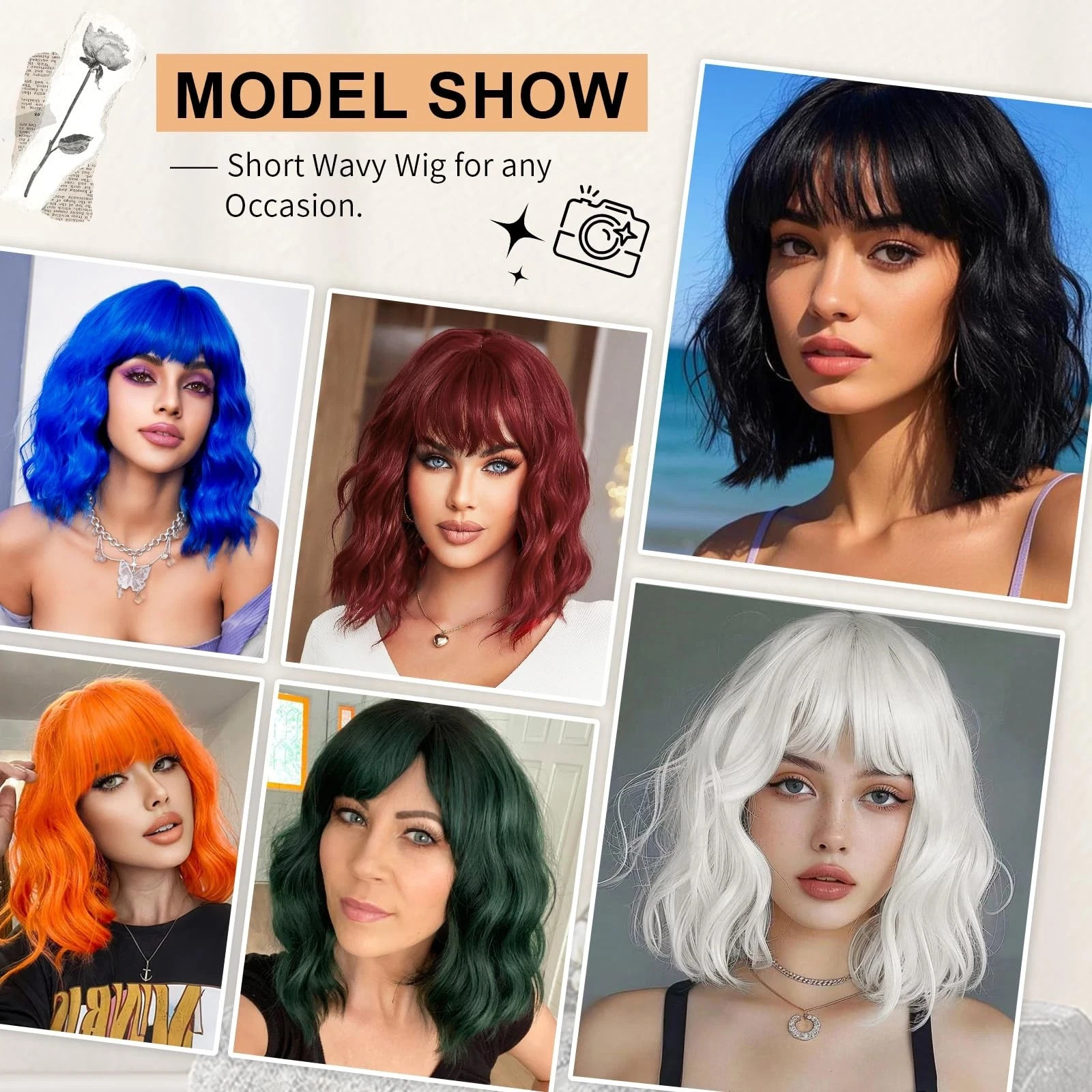 Short Red BOB Wave Wigs with Bang Shoulder Length Synthetic Hair for Women