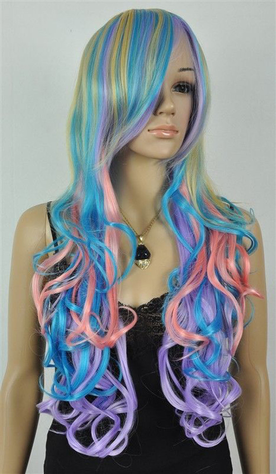 NEW Gothic Lolita Wig + 2 Pig Tails Set Pastel Rainbow Mix Blend Cosplay
