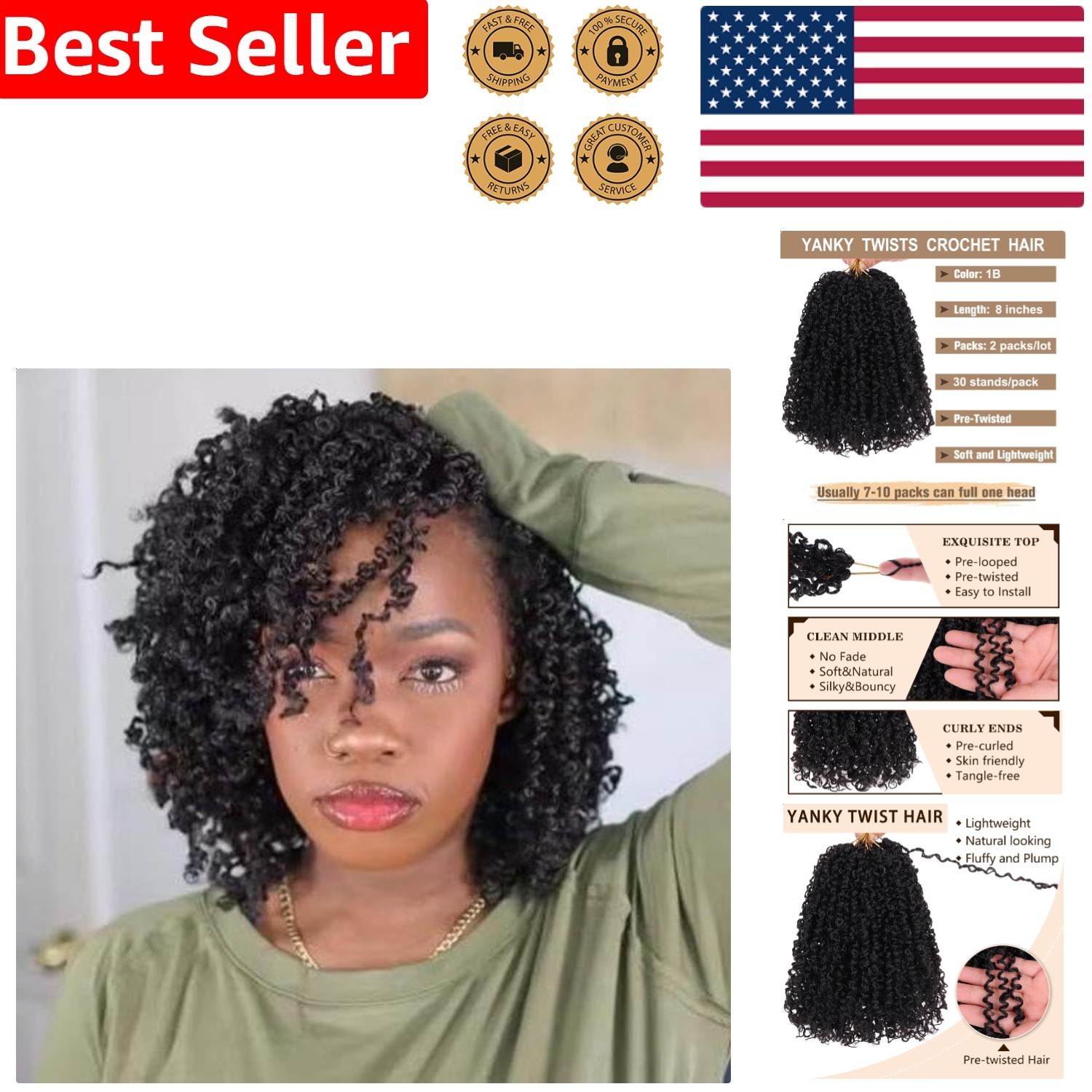 2 Packs 8 Inch Pre Looped Yanky Twist Crochet Hair Natural Black Curly Ends
