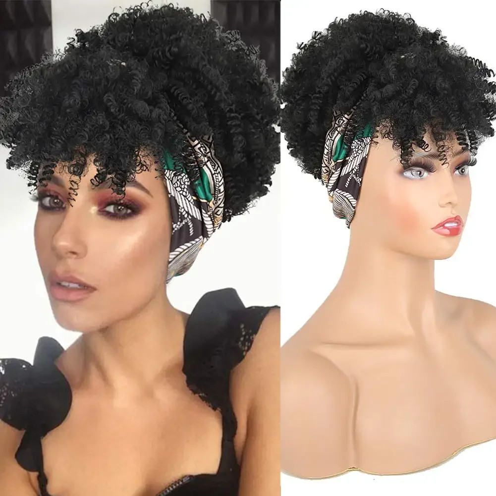 Black Soft Synthetic Short African Curly Wig For Women Headwrap fake Hair Strap