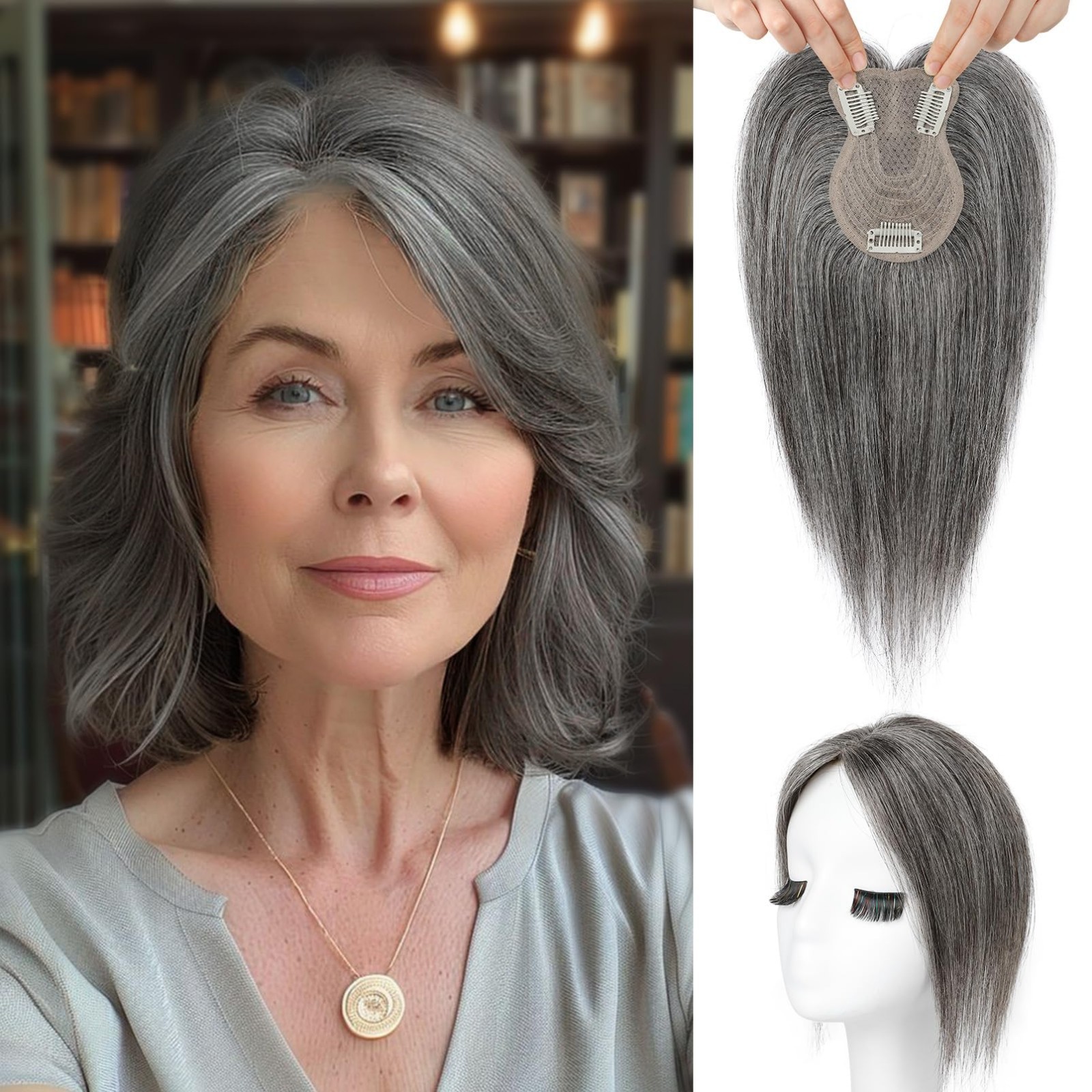 Flufymooz Human Hair Topper Women Clip In Bangs Silver Gray Brown Mixed 10 Inch