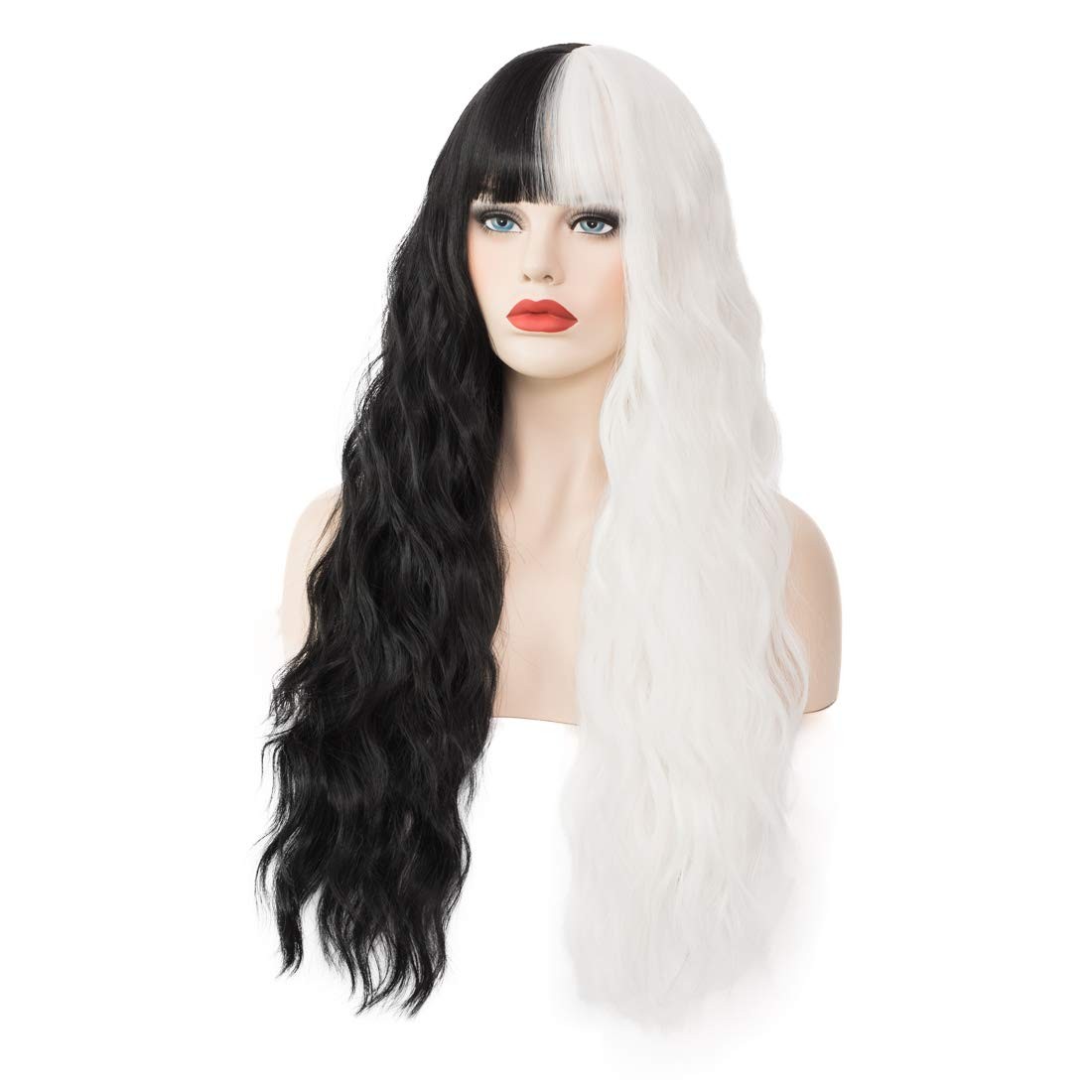 Women’s Black and White Wig 27 Inches Long Curly Wavy Hair Wig Heat Resistant…