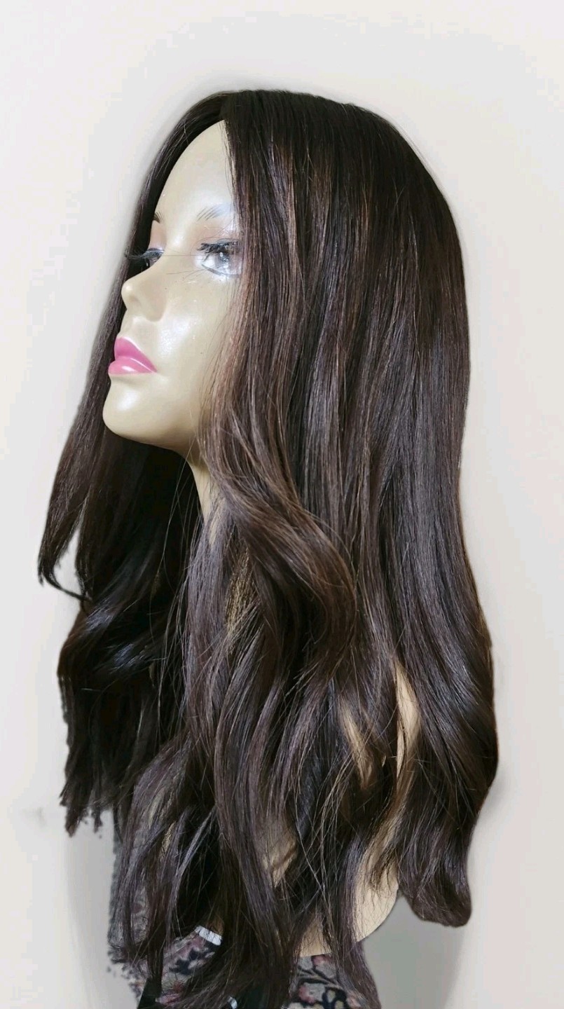 100% HUMAN BRAZILIAN HAIR BROWN SILK TOP WIG 20” M CAP FREE PARTING