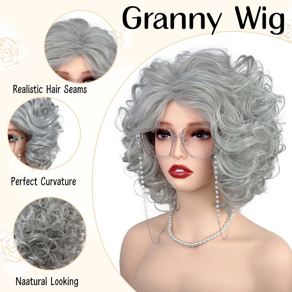 Granny Grey Wig Women Elderly Lady Short Beanie Hairpiece Universal Cosplay Wigs