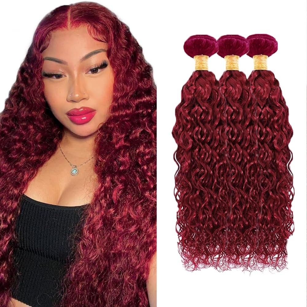Wuvusnm 99J Human Hair Bundles Burgundy Water Wave Bundles 22 24 26 Inch Red