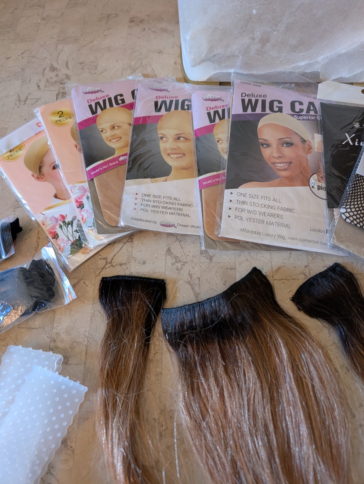 LUVME Assorted Accessories With 3 12″ Human Hair Clip In Extensions, Net Caps