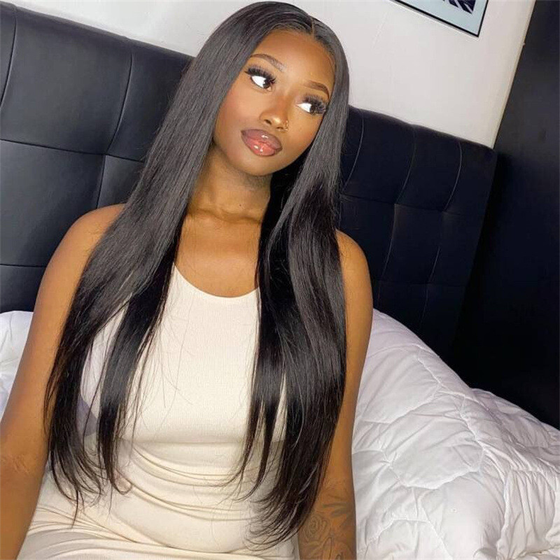 24inch Long Black Wigs Long Straight Lace Front Human Hair Wigs Bleached Knots