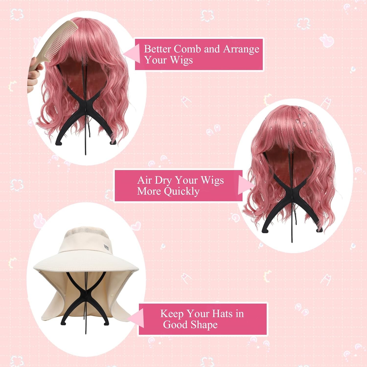 2 Pack Wig Stand, Head Stand Portable Holder for Multiple Wigs, black