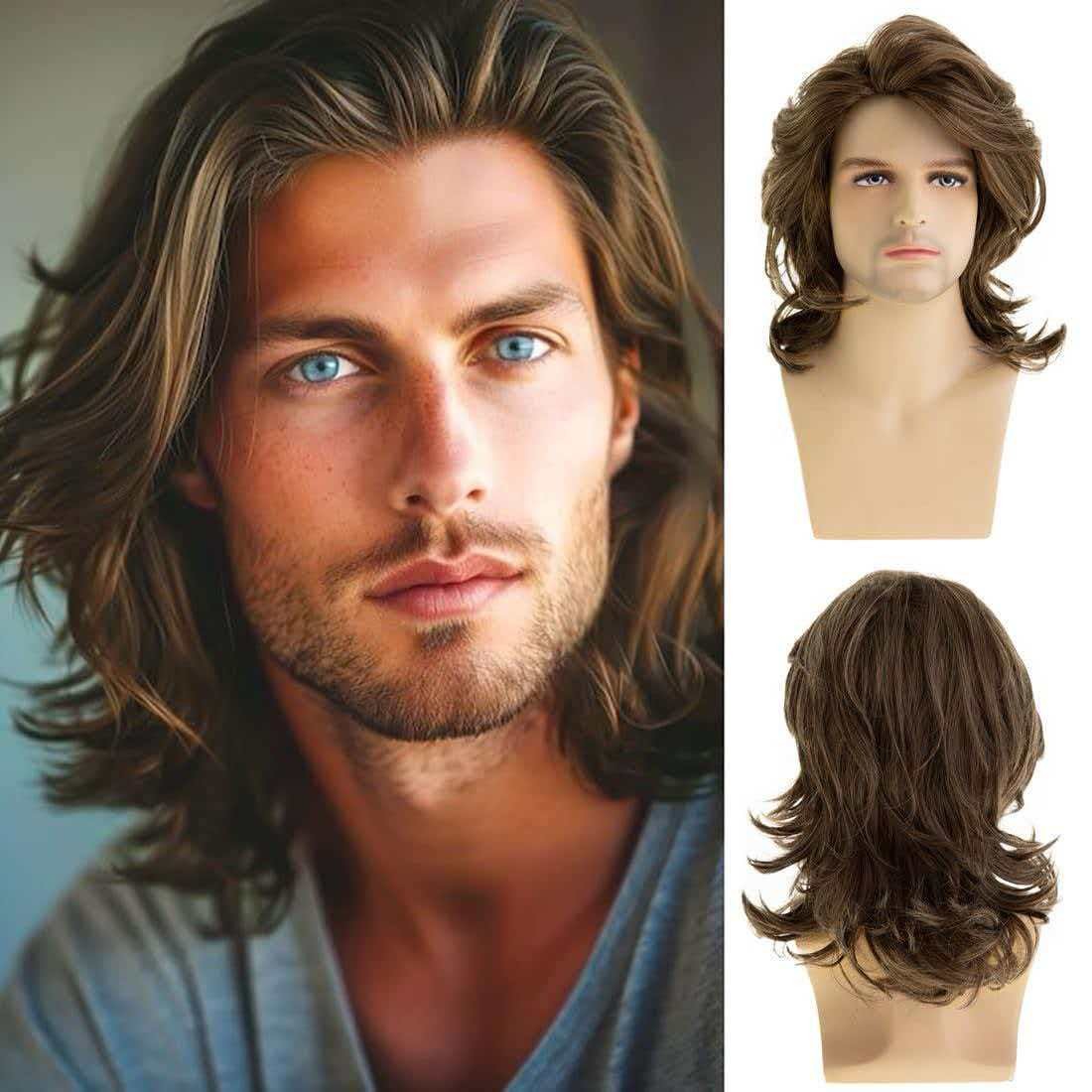 Men’s 12in Brown Wavy Short Wig Full Cosplay Heat Resistant Synthetic Party