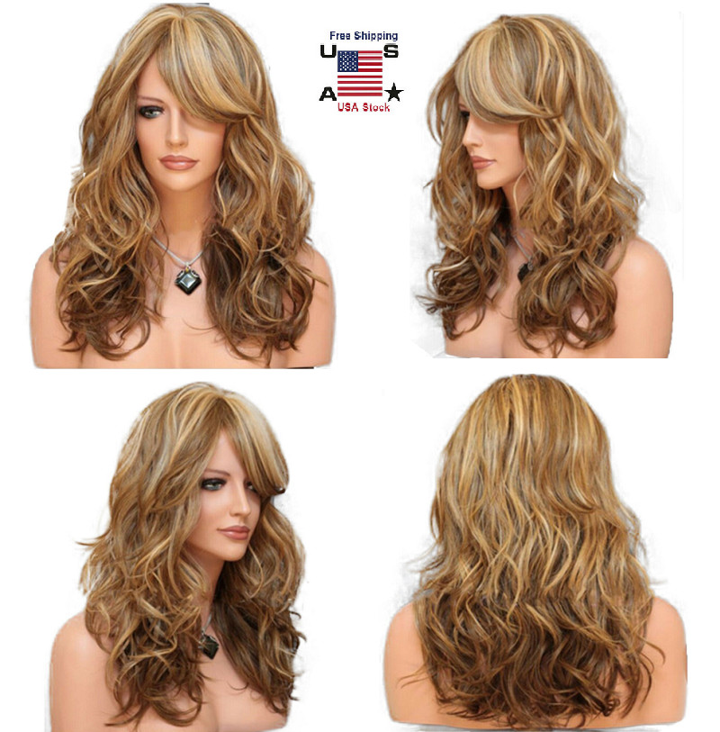 Long Natural Wavy Ombre Brown Blonde Wigs with Bangs for Women Daily Use Hair US