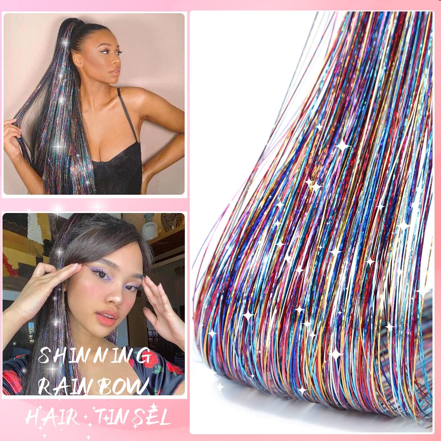 1100 Strands 47 Inch Rainbow Hair Tinsel Kit Sparkling Hair Extensions for Women