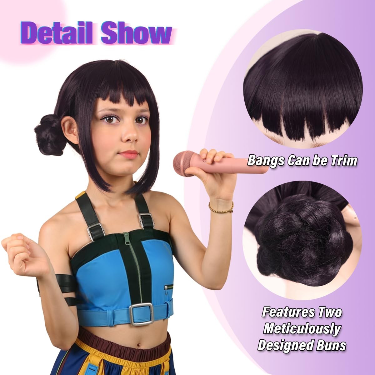 Short Black Purple Cosplay Wig with 2 Buns for Halloween Party Costume（Small …