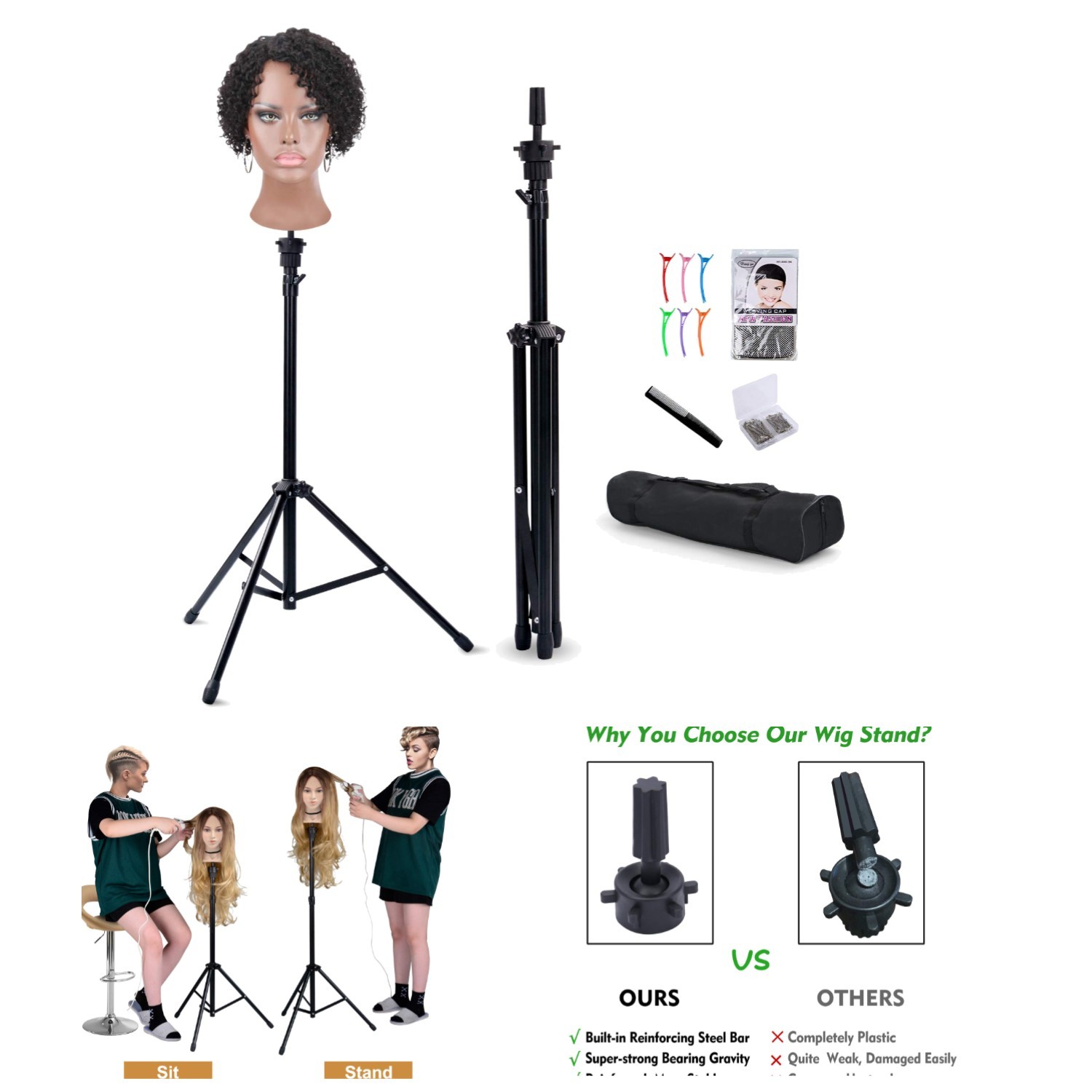 Heavy-Duty Adjustable Wig Stand for Cosmetology Training – Includes T-Pins