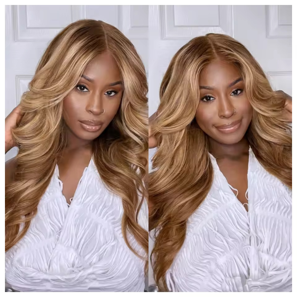 Honey Blonde Brown Body Wave Lace Front Wigs 100% Human Hair Wigs 200% Density