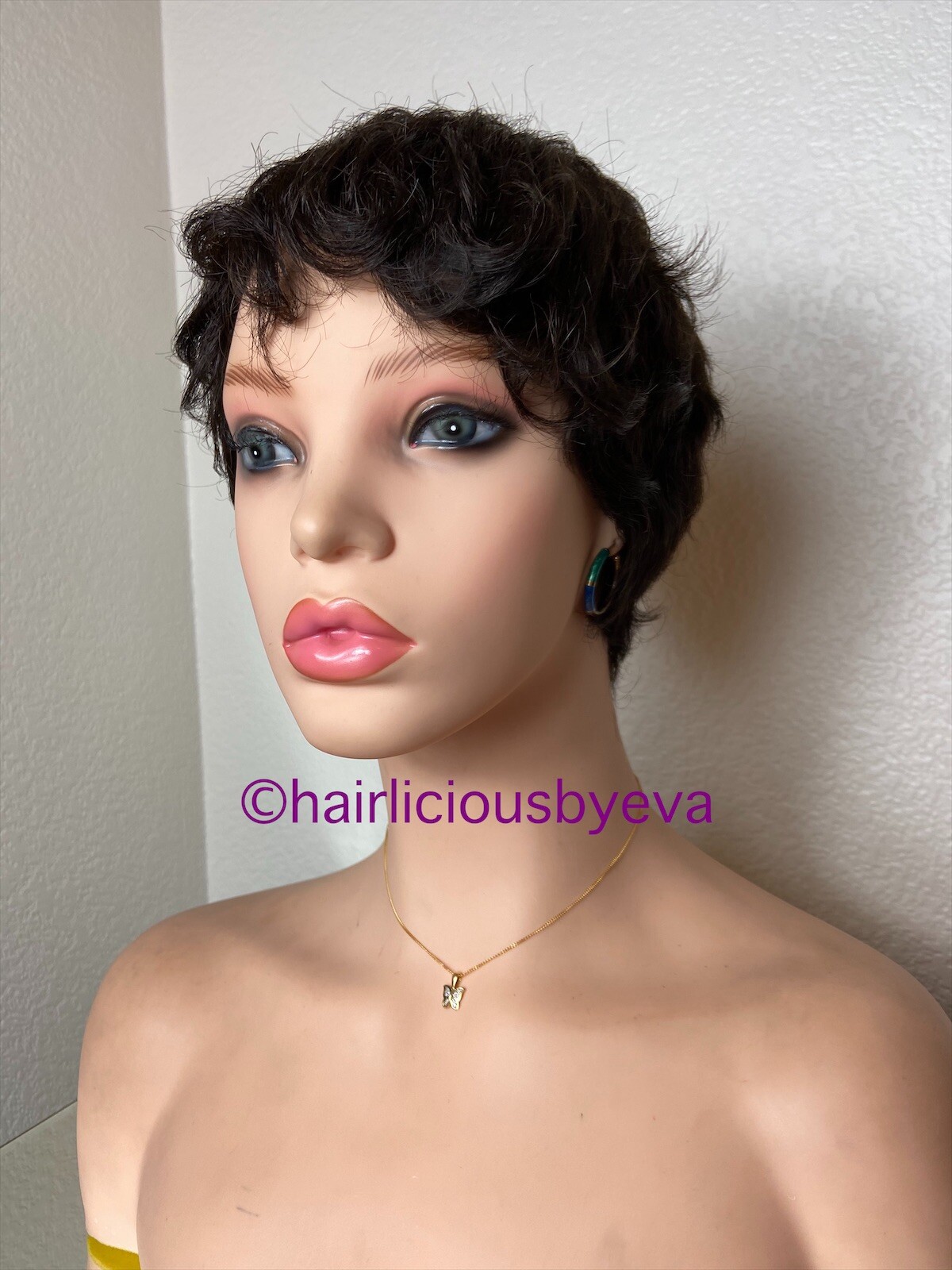 Human Hair Short Pixie Wig Buzz Cut Curly Dark Brown Color 2