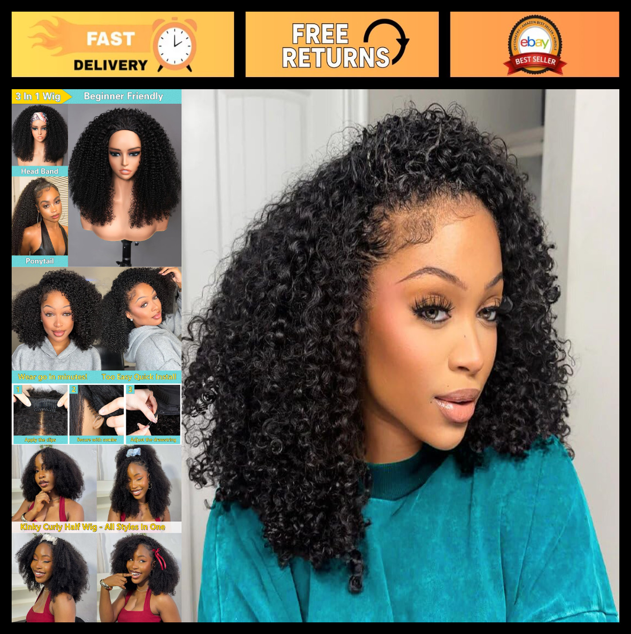 Kinky Curly Half Wig 200% Density 20″ Glueless Seamless Flip Wig for Black Women