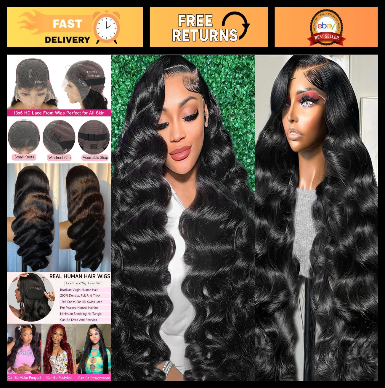30″ Body Wave Lace Front Wig – 200 Density HD Lace Frontal, Pre-Plucked, Glueles