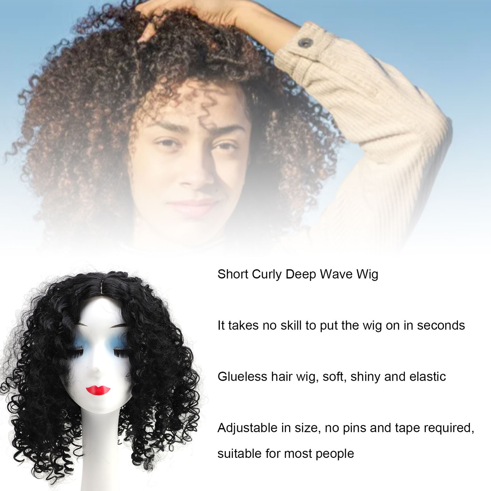 14in Short Curly Deep Wave Wig Middle Part Glueless Adjustable Size Women